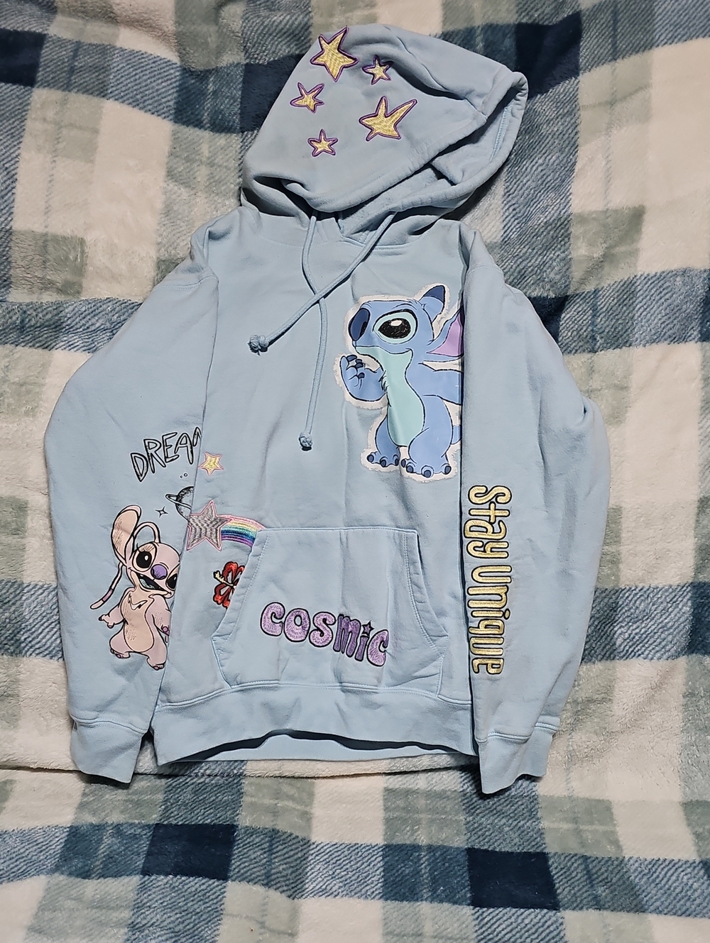 Disney Light Blue Stitch & Angel Kids Hoodie with Stars and Rainbow